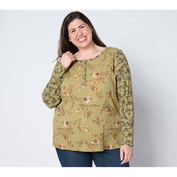 Belle by Kim Gravel Women's Top Plus Sz 1X Baby Waffle Twin Floral Green A655024 - Picture 1 of 4